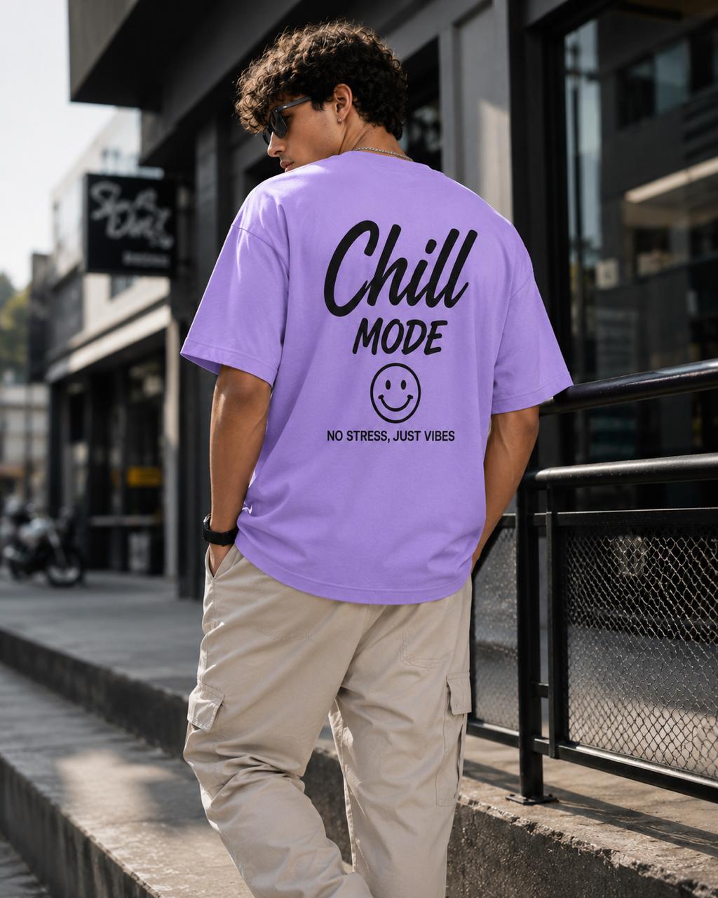 Chill Mode Oversized Graphic T-Shirt | Lavender Unisex Back Print Tee