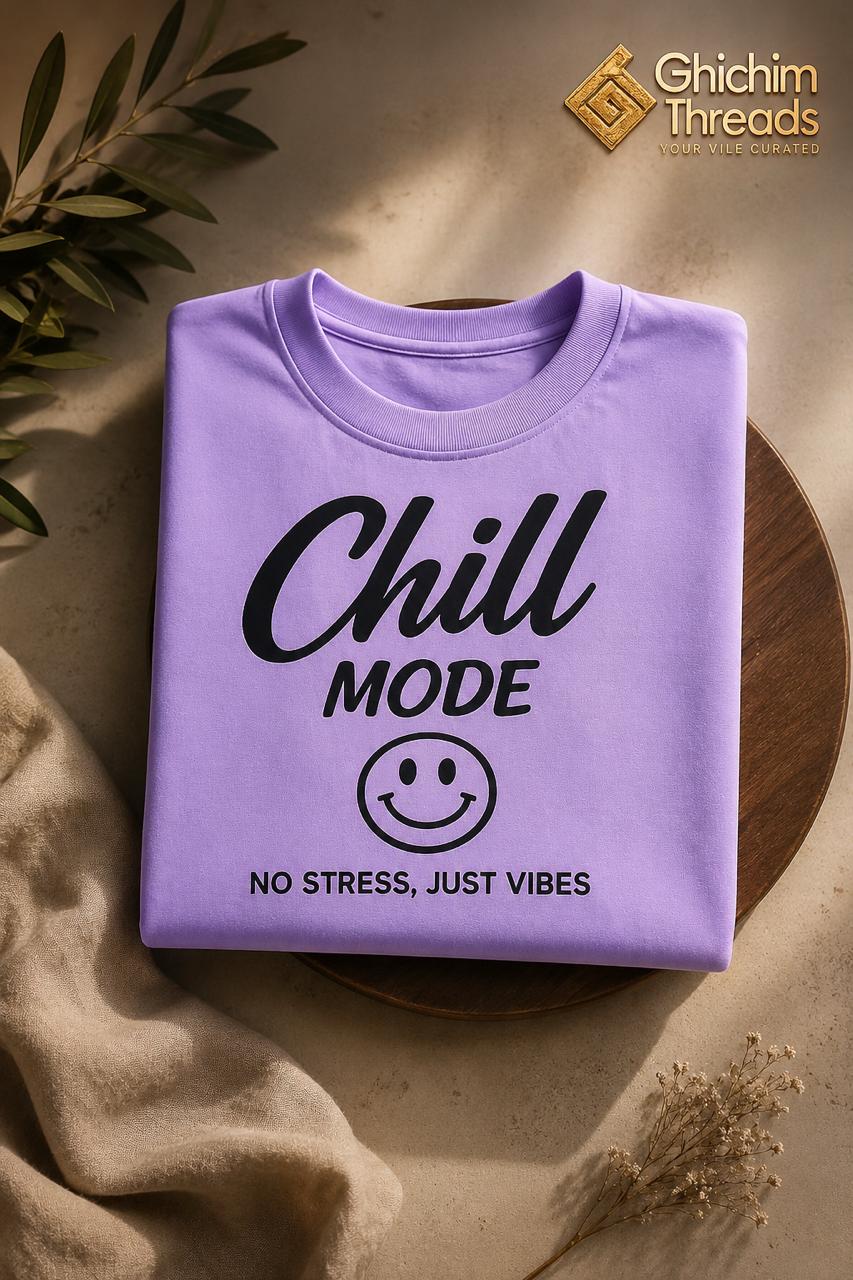 Chill Mode Oversized Graphic T-Shirt | Lavender Unisex Back Print Tee