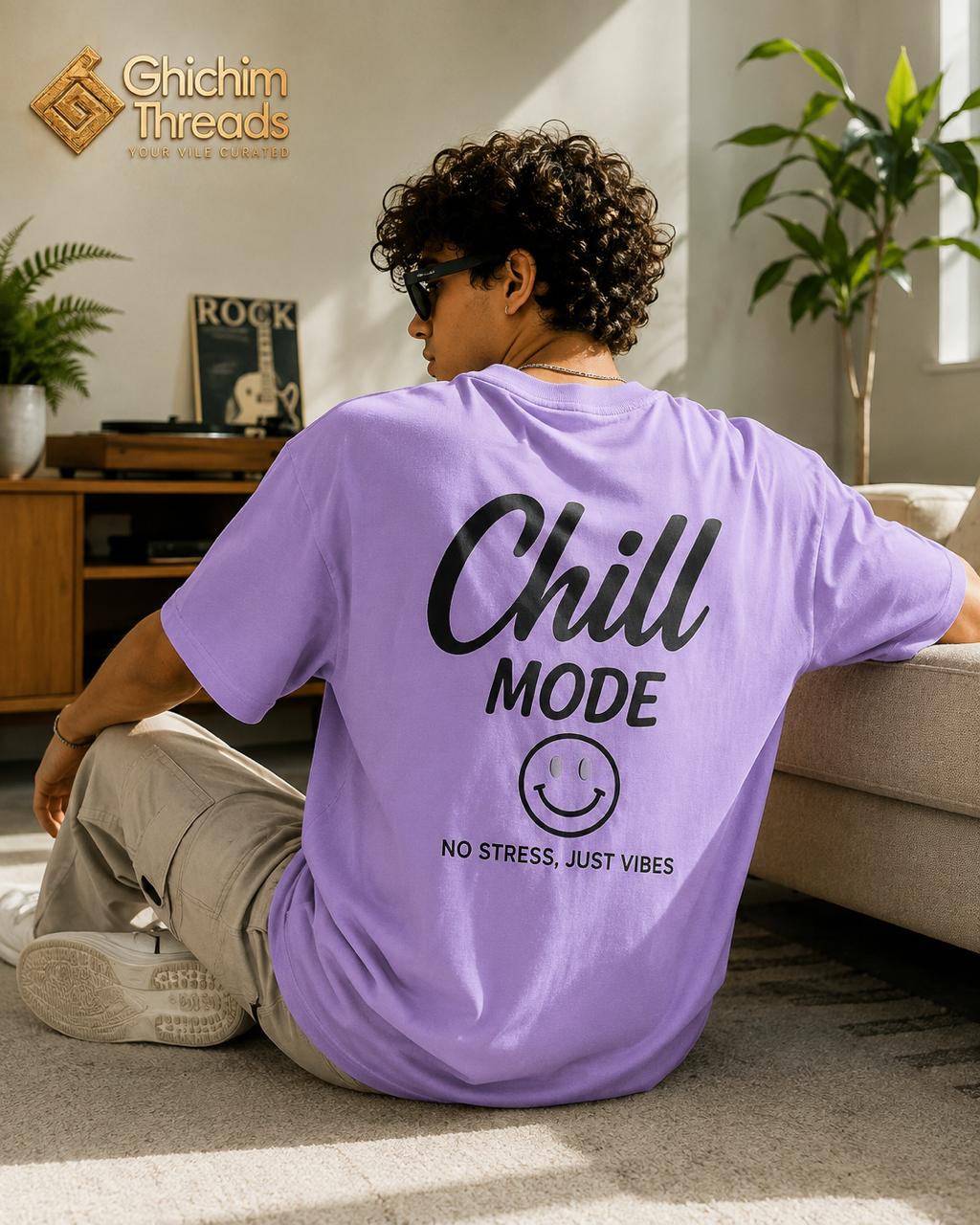 Chill Mode Oversized Graphic T-Shirt | Lavender Unisex Back Print Tee