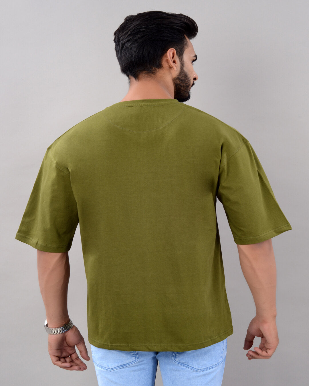 Cotton Blend Oversize Loose Fit Drop Shoulder Round Neck Half Sleeve Graphic Printed Olive T-Shirt for Men (SIZE- M,L,XL,XXL) Secondary image