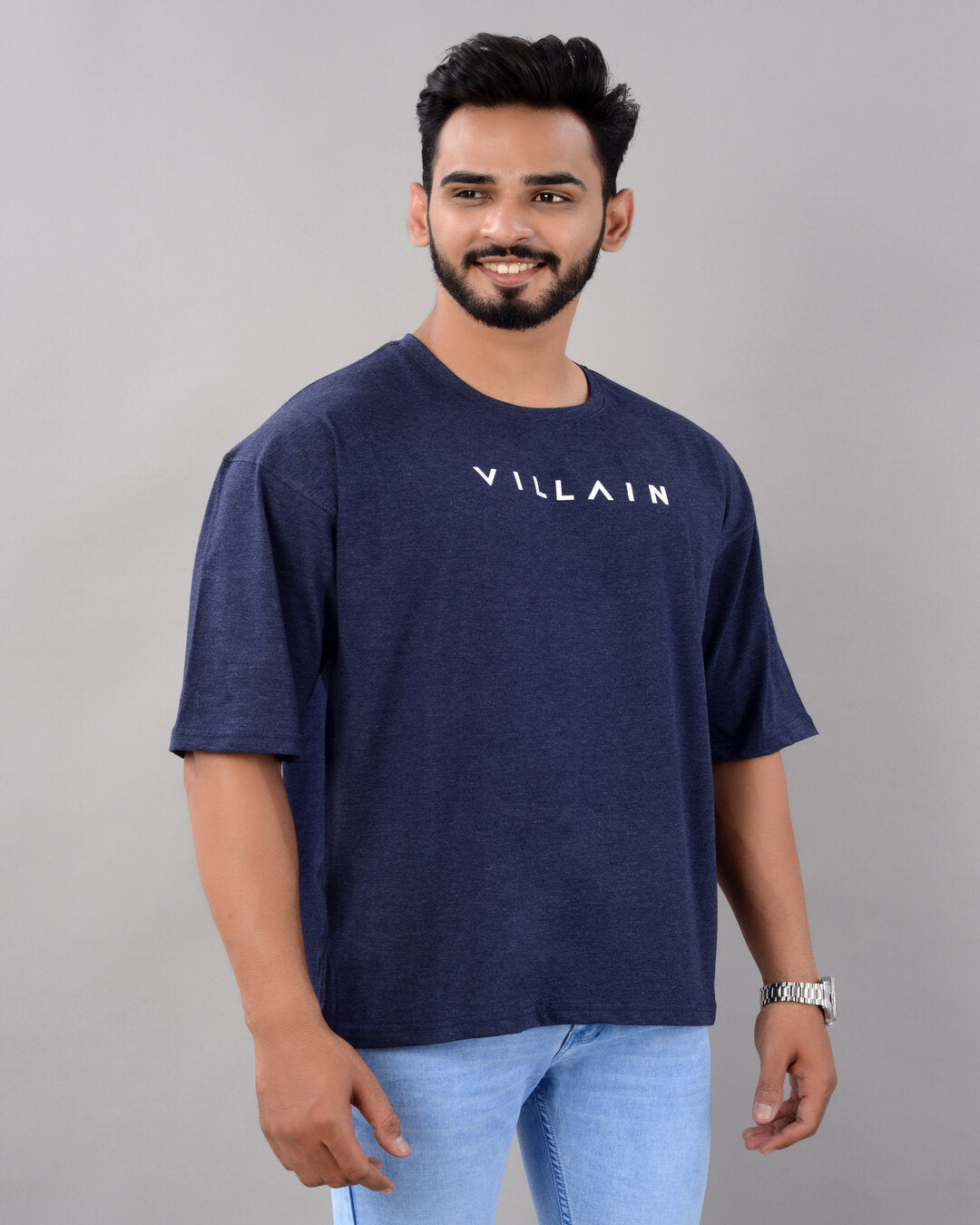 Cotton Blend Oversize Loose Fit Drop Shoulder Round Neck Half Sleeve Typography Blue T-Shirt for Men (SIZE- M,L,XL,XXL) Secondary image