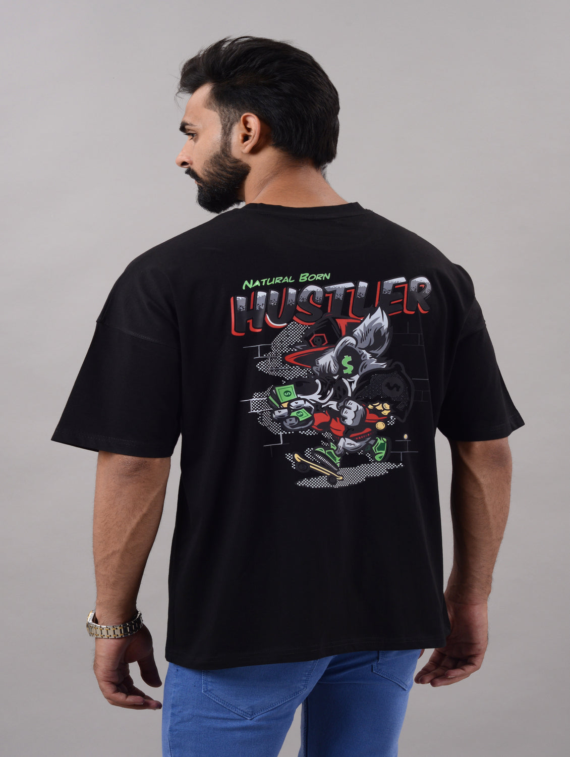 Hustle Men Half Sleeve Round Neck Black Graphic Print Oversized Fit T-Shirts (SIZE- M,L,XL,XXL) Secondary image