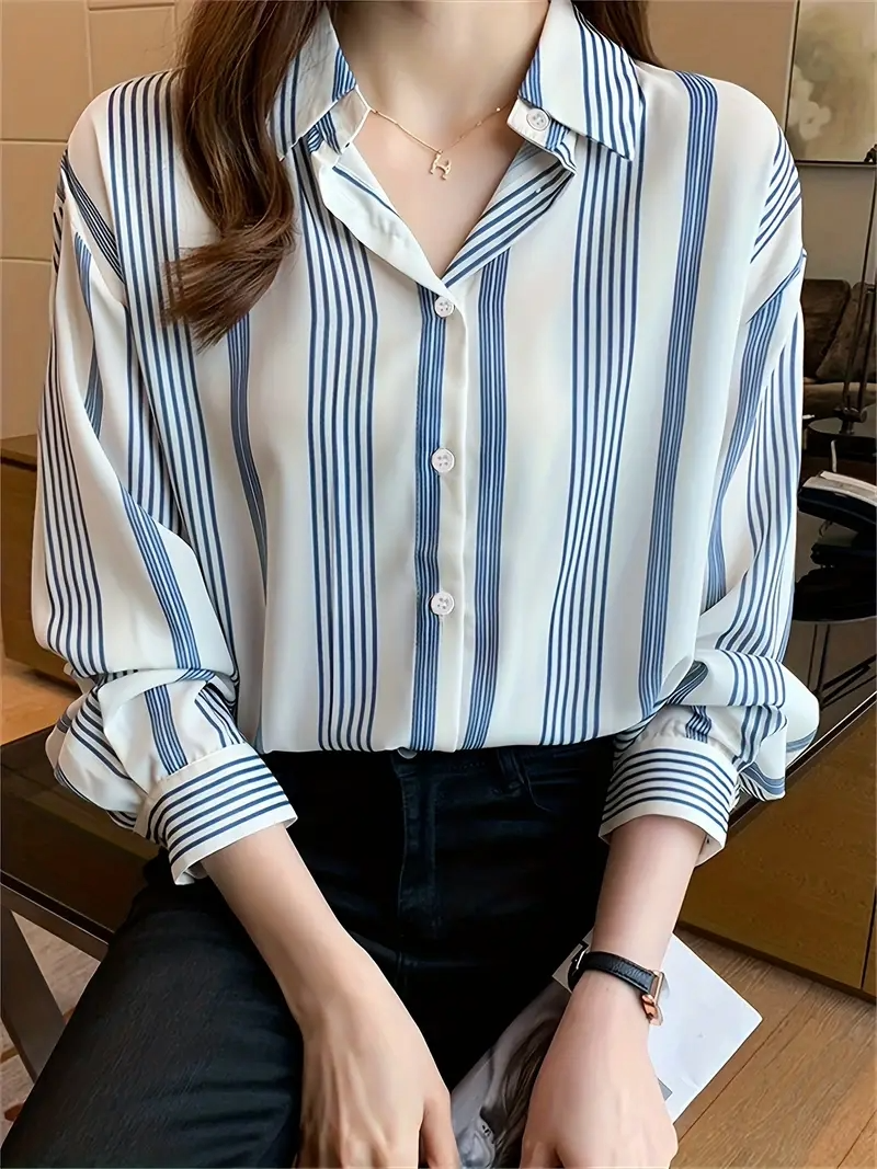 Women Regular Fit Striped Curved Collar Casual Shirt Secondary image